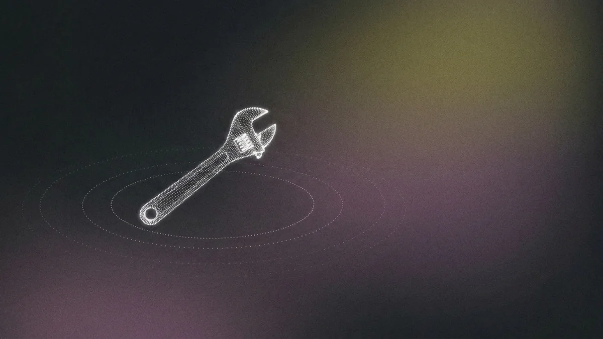 A wrench and a voice waveform formed from glowing white dot particles, ringed by faint concentric dotted soundwaves on a dark grainy purple gradient, representing an AI answering service for an HVAC or home-services business