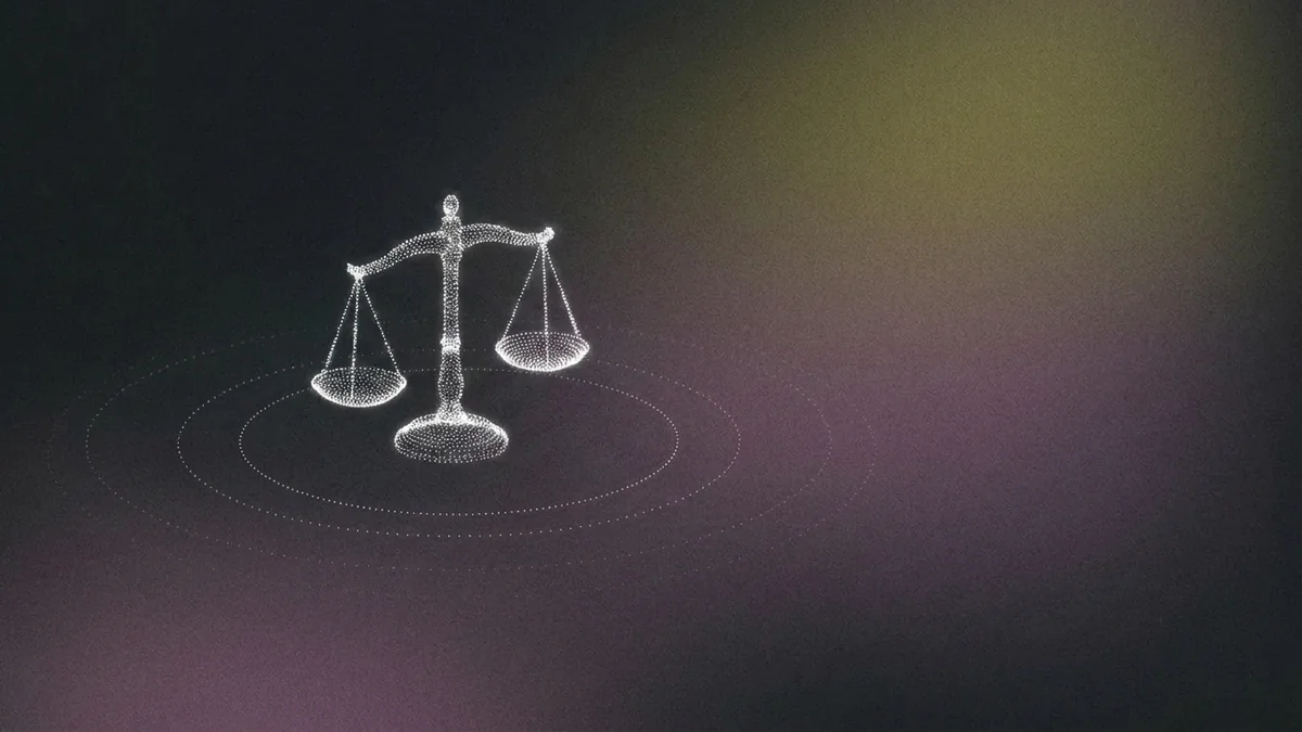A set of scales and a voice waveform formed from glowing white dot particles, ringed by faint concentric dotted soundwaves on a dark grainy purple gradient, representing an AI answering service handling client intake for a law firm