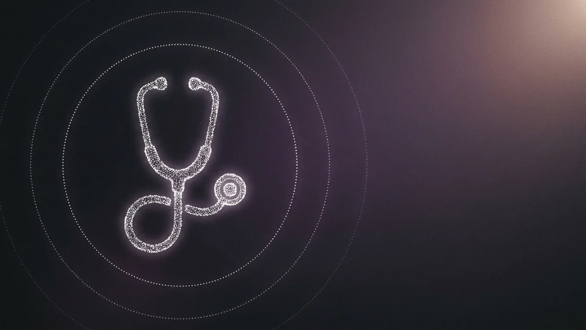 A stethoscope and a voice waveform formed from glowing white dot particles, ringed by faint concentric dotted soundwaves on a dark grainy purple gradient, representing an AI answering service for a medical practice