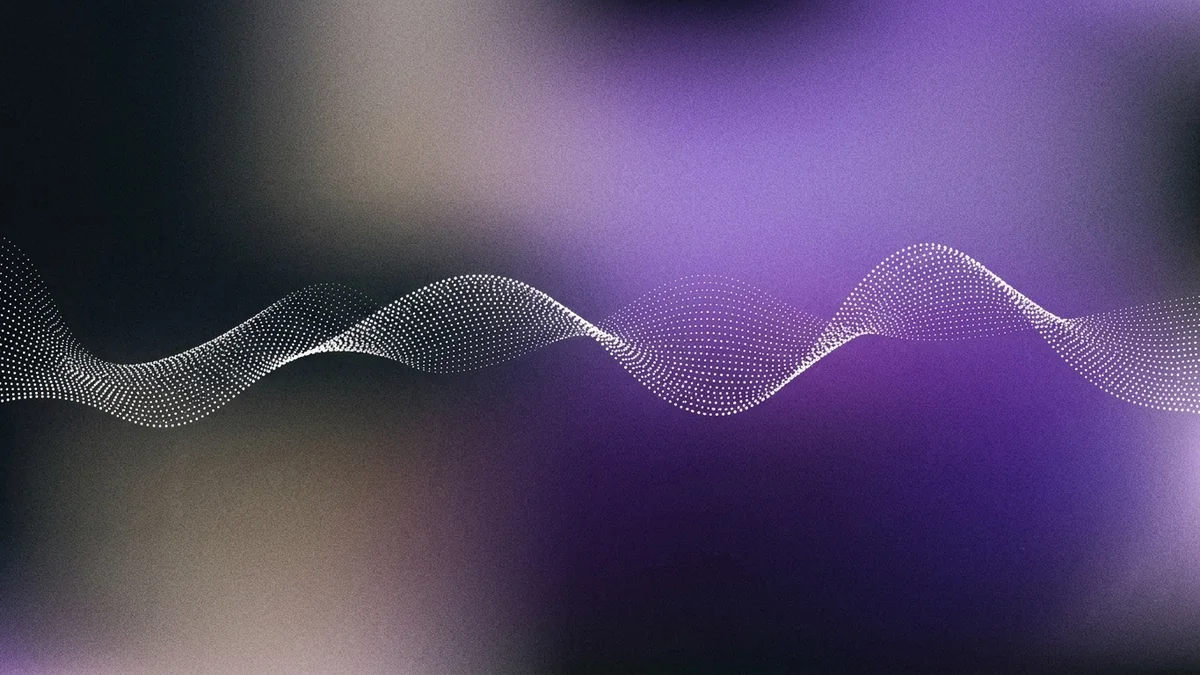 Abstract particle soundwave flowing from muted grey into vivid purple, representing the shift from human telemarketing to AI calling