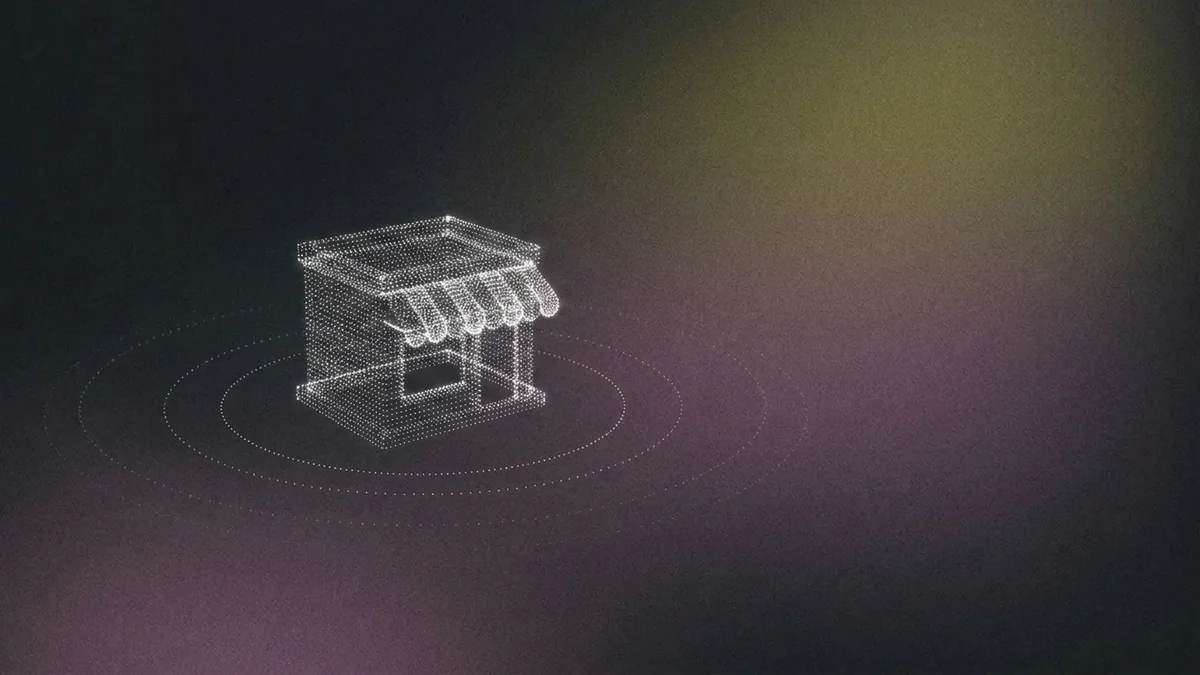 A small shopfront and a voice waveform formed from glowing white dot particles, ringed by faint concentric dotted soundwaves on a dark grainy purple gradient, representing an AI receptionist answering calls for a small business