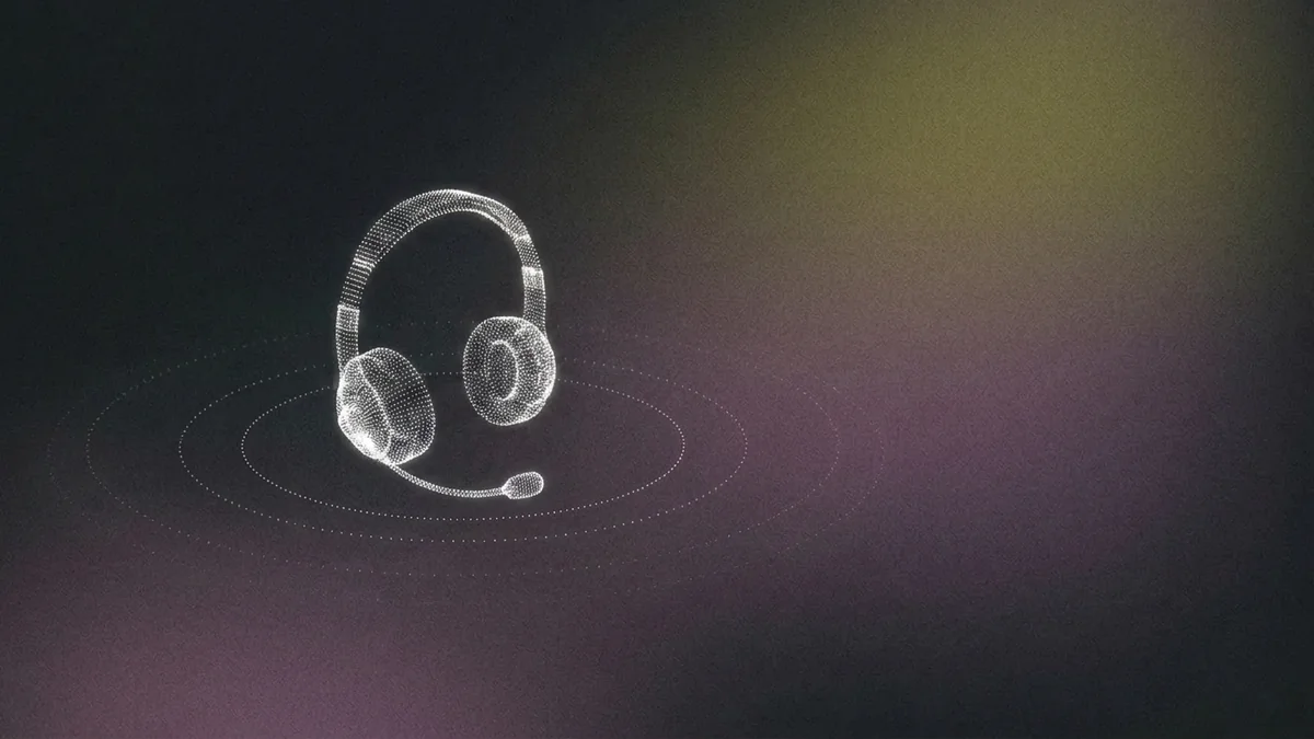 A call-centre headset formed from glowing white dot particles with soundwave rings on a dark grainy purple gradient, representing the choice between an outsourced call centre and an AI voice agent