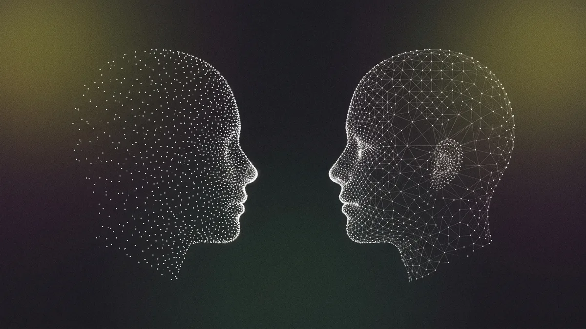 Two head profiles formed from glowing dot particles facing each other on a dark gradient, one organic and one geometric, representing a human receptionist and an AI receptionist