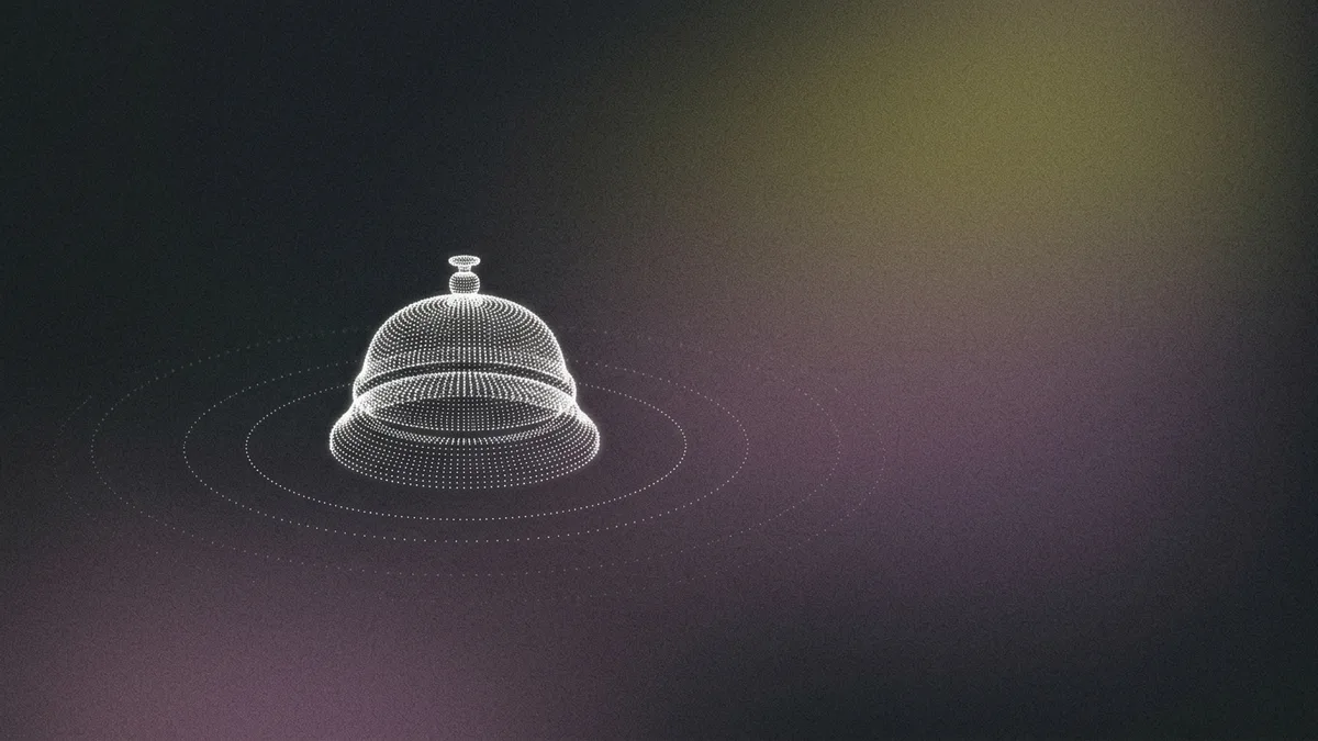 Reception desk bell formed from glowing dot particles with soundwave ripples radiating outwards on a dark purple gradient, representing an AI receptionist answering business calls