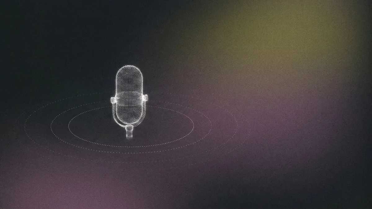 A microphone formed from glowing white dot particles, ringed by faint concentric dotted soundwaves on a dark grainy purple gradient, representing an AI voice agent that speaks and listens on a phone call