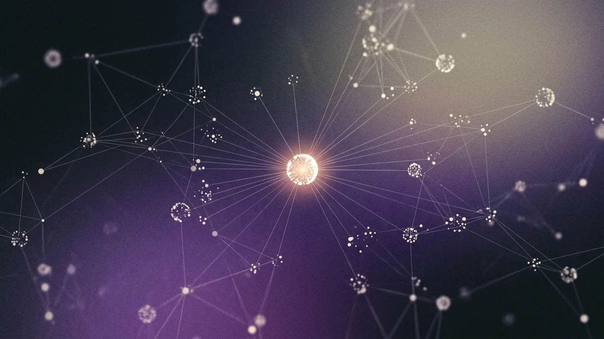 Purple particle dots streaming across a grainy dark gradient and converging into a single bright point, representing many B2B leads narrowing into qualified conversations