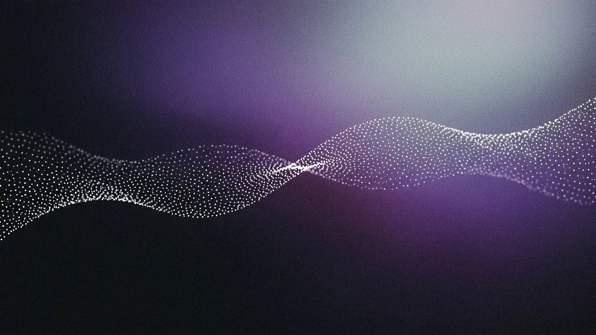 Abstract purple particle waveform rising out of a neutral grey field, representing a cold call script delivered identically on every dial