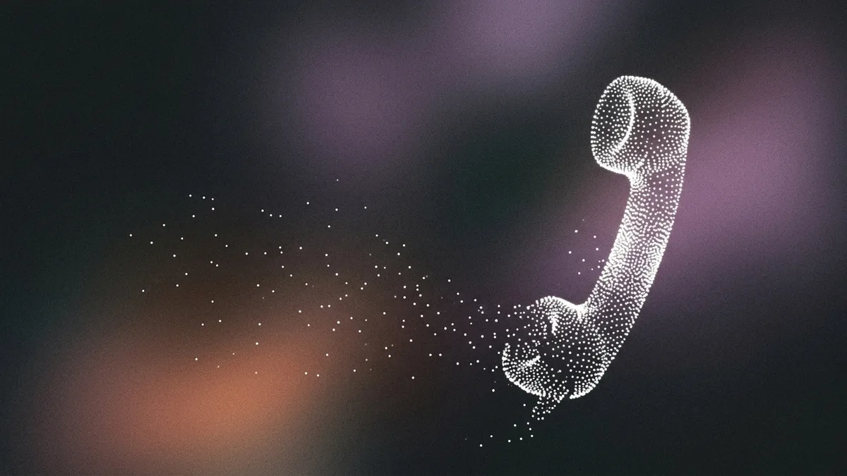Abstract particle stream in muted grey drifting away from a bright purple line, representing revenue slipping away each time a call rings out unanswered