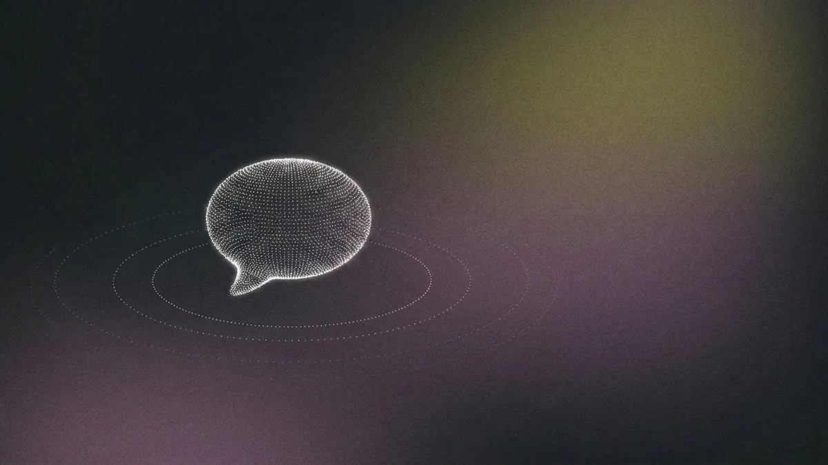 A speech bubble formed from glowing white dot particles with soundwave rings on a dark grainy purple gradient, representing how callers feel about talking to an AI voice agent