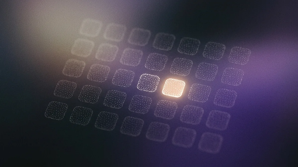 Abstract purple particle waveform flowing into an ordered grid of glowing dots, representing an AI voice conversation becoming a booked appointment