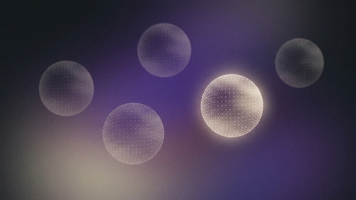 Ten glowing particle dots rising across a grainy purple and ink gradient, an abstract cover for a guide to choosing an AI calling provider
