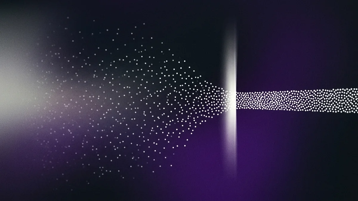 Abstract purple particle field on a dark grey background, with scattered dots converging into one bright ordered cluster, representing leads being qualified into a focused pipeline