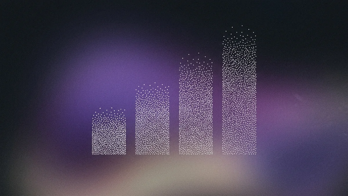 Abstract purple particle waveform rising like a bar chart against a dark grainy gradient, representing outbound calling metrics