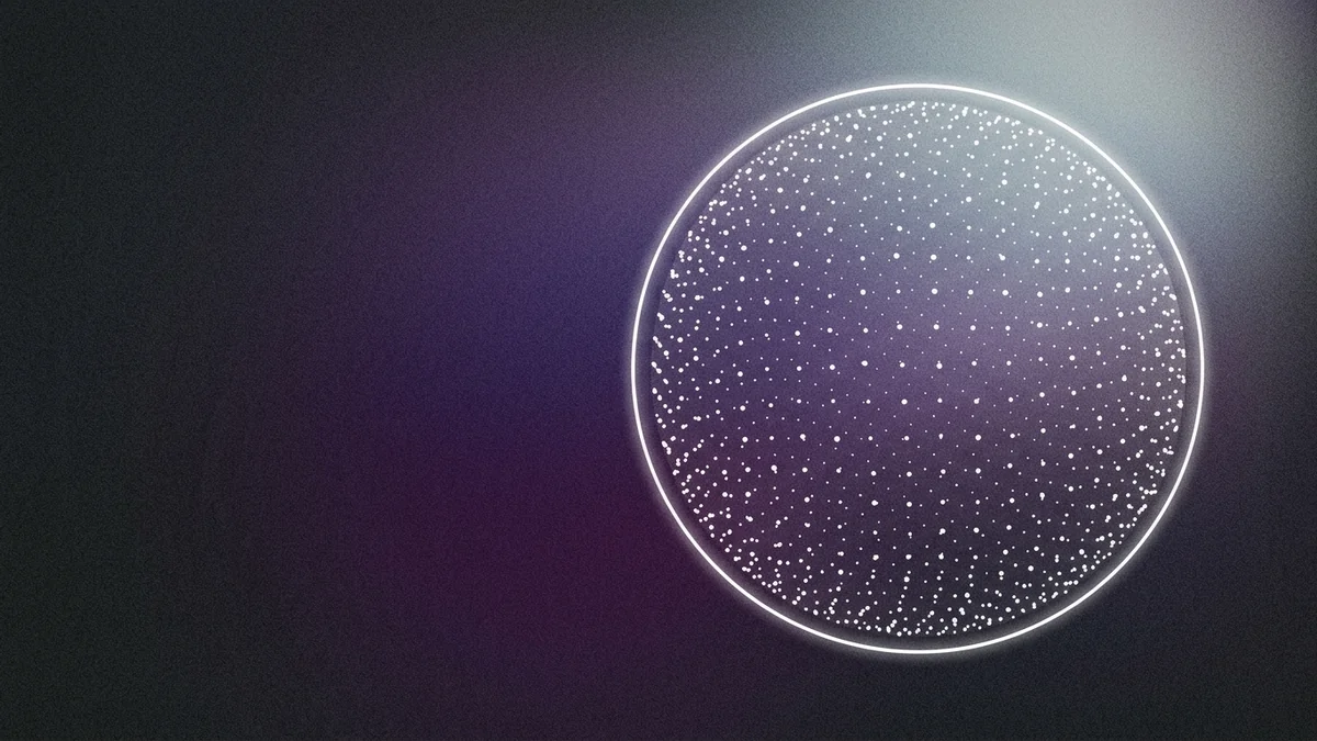 Dotted particle sphere enclosed by a luminous ring on a grainy purple gradient, representing compliance controls for outbound calling