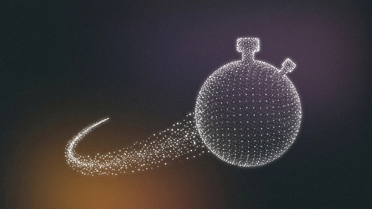 Stopwatch formed from glowing dot particles with a sweeping particle trail on a dark purple gradient, representing lead response odds collapsing in the minutes after an enquiry