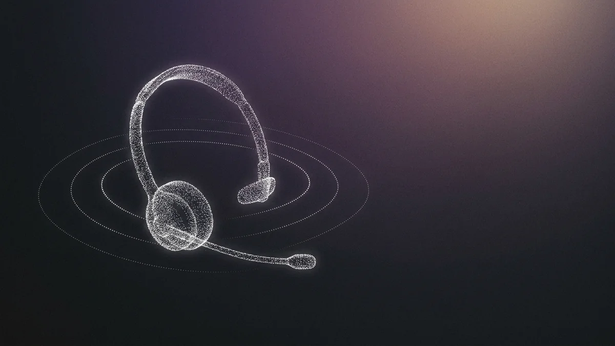 A telephone headset formed from glowing white dot particles, ringed by faint concentric dotted soundwaves on a dark grainy purple gradient, representing a receptionist