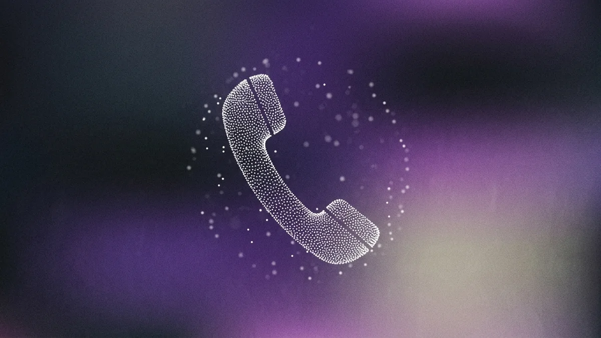 Abstract purple particle sphere dissolving into scattered dots on a dark grey gradient, representing a telemarketing conversation handled by AI voice software