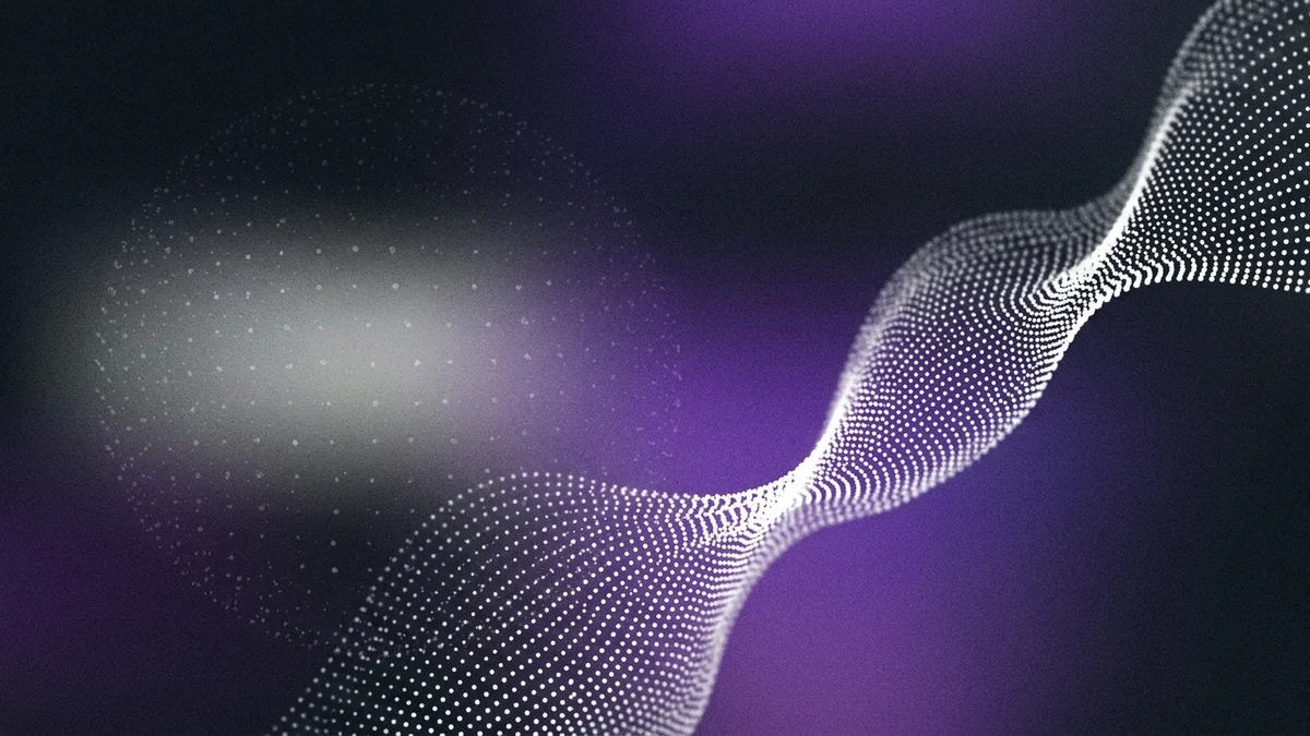 A glowing particle waveform rising from a field of scattered dots on a grainy purple and ink gradient, an abstract cover for a guide to voice-first AI SDRs